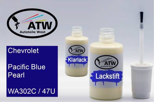 Chevrolet, Pacific Blue Pearl, WA302C / 47U: 20ml Lackstift + 20ml Klarlack - Set, von ATW Autoteile West.
